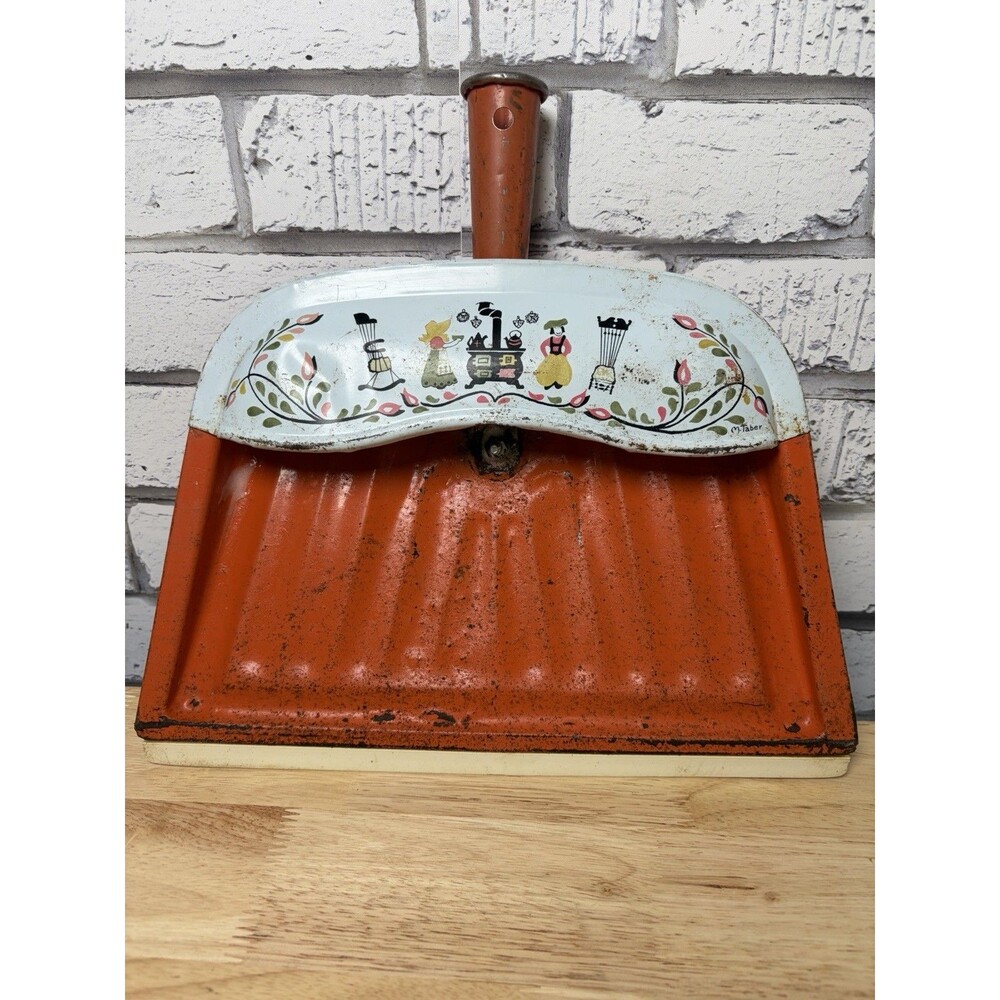 Metal Dust Pan M. Taber Amish Dutch Folk Orange JV Reed Stove Floral Vintage